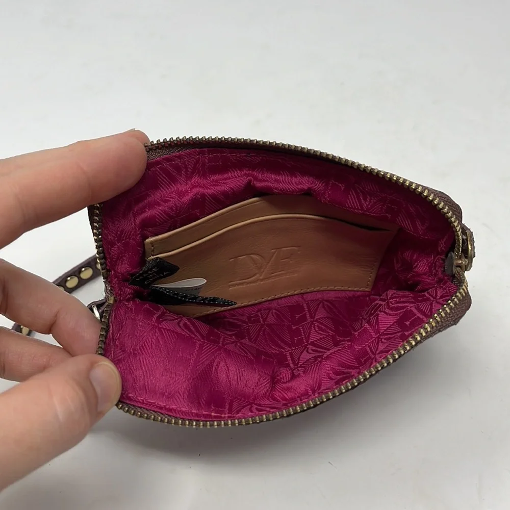 Diane Von Furstenburg Wristlet Wallet Purple Nylon Snake Pattern Stud Leather